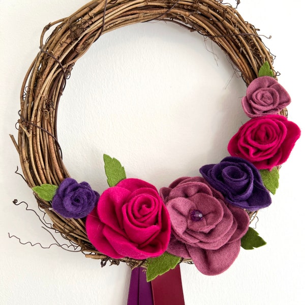 Rose Felt Flower Wreath- Home decor, wedding, nursery, Grapevine wreath