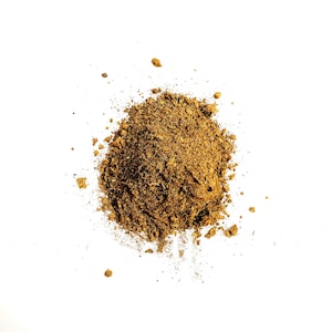 May include: A close-up of a pile of brown soil on a white background.