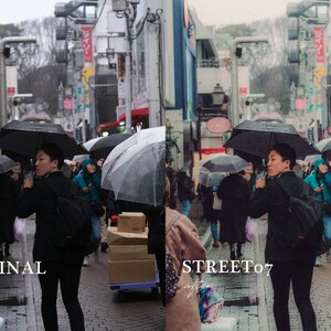 May include: A person walks down a crowded street in Japan, holding a black umbrella. The street is lined with shops and buildings, and there are many people walking around. The person is wearing a black jacket and a backpack. The image is taken from a low angle, looking up at the person.