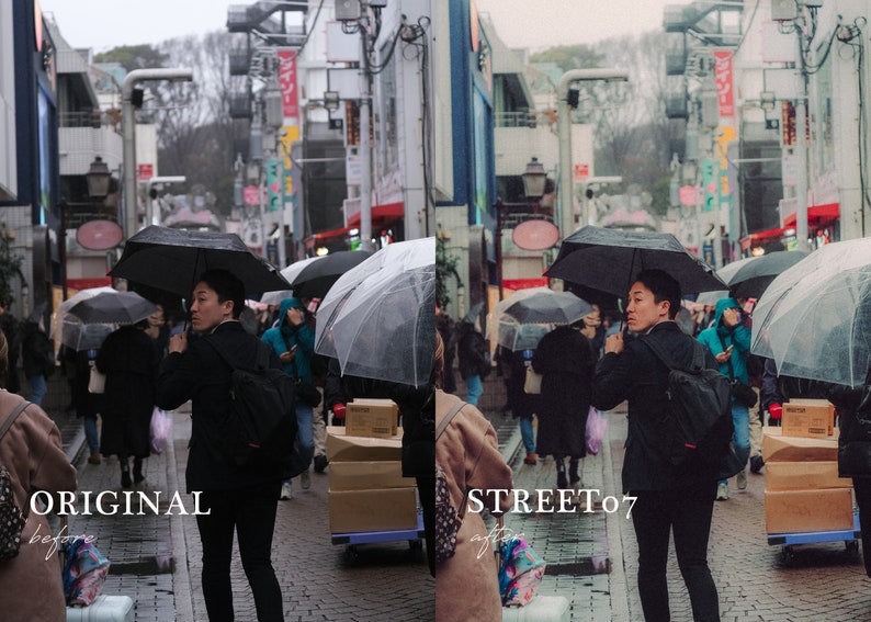 May include: A person walks down a crowded street in Japan, holding a black umbrella. The street is lined with shops and buildings, and there are many people walking around. The person is wearing a black jacket and a backpack. The image is taken from a low angle, looking up at the person.