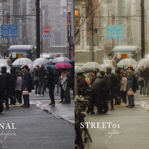 May include: A group of people walking down a city street on a rainy day. They are carrying umbrellas and wearing raincoats. The street is wet and there are puddles on the ground.