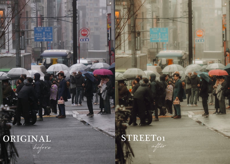 May include: A group of people walking down a city street on a rainy day. They are carrying umbrellas and wearing raincoats. The street is wet and there are puddles on the ground.