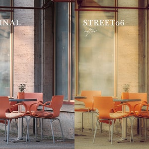 May include: A set of four orange chairs and a table with a small plant on it, set up outside a cafe with a large window. The text "ORIGINAL before" is in the top left corner and "STREET06 after" is in the top right corner.