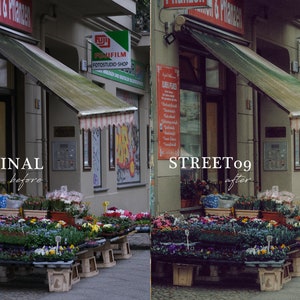 May include: A storefront with a green awning and a sign that reads "Fujifilm Fotostudio Shop". There are flowers and plants for sale in front of the store.