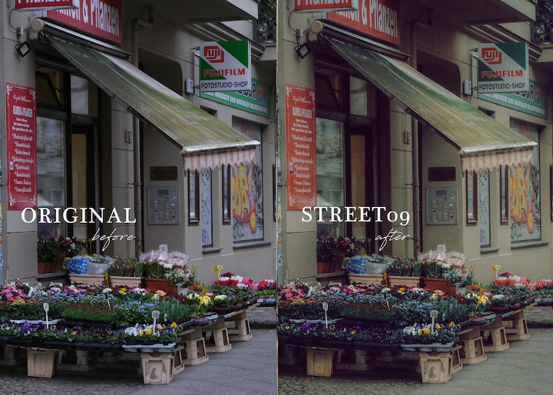 May include: A storefront with a green awning and a sign that reads "Fujifilm Fotostudio Shop". There are flowers and plants for sale in front of the store.