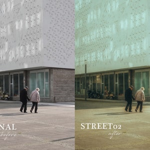 May include: A before and after image showing a building with a unique patterned facade. The original image is in color, while the after image is in a muted green tone. Two people are walking in front of the building in both images.