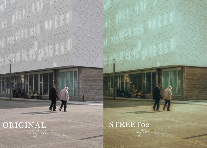 May include: A before and after image showing a building with a unique patterned facade. The original image is in color, while the after image is in a muted green tone. Two people are walking in front of the building in both images.