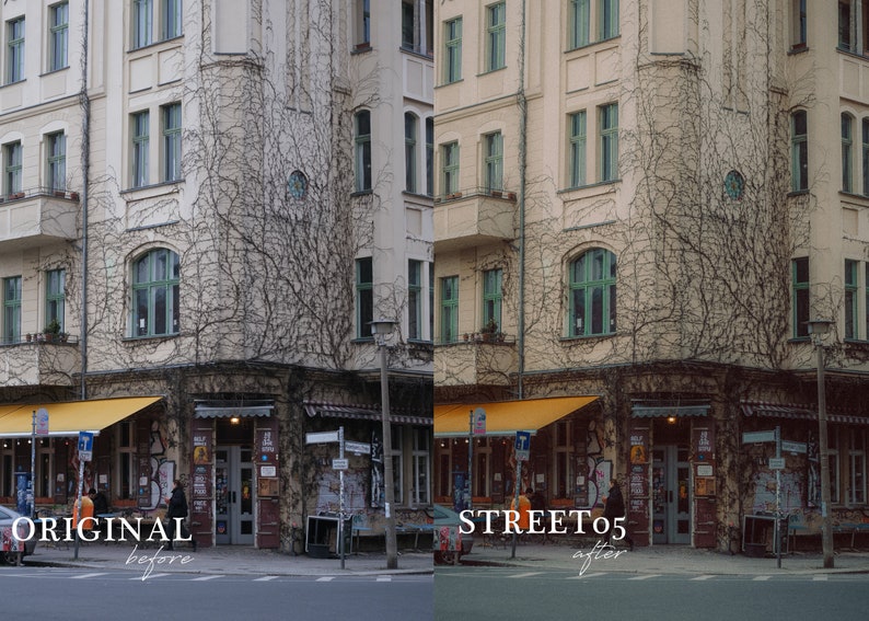 May include: A vintage-style storefront with a yellow awning and a vine-covered facade. The storefront has a variety of signs and posters, including one that says "STREET 05".