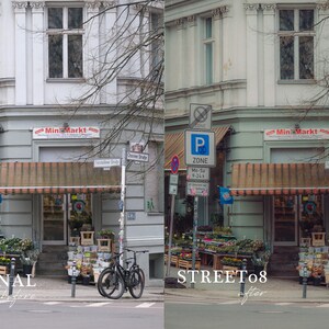 May include: A storefront with a green awning and a sign that reads "Mini Markt". There are plants and flowers in front of the store, and a bicycle is parked on the sidewalk.