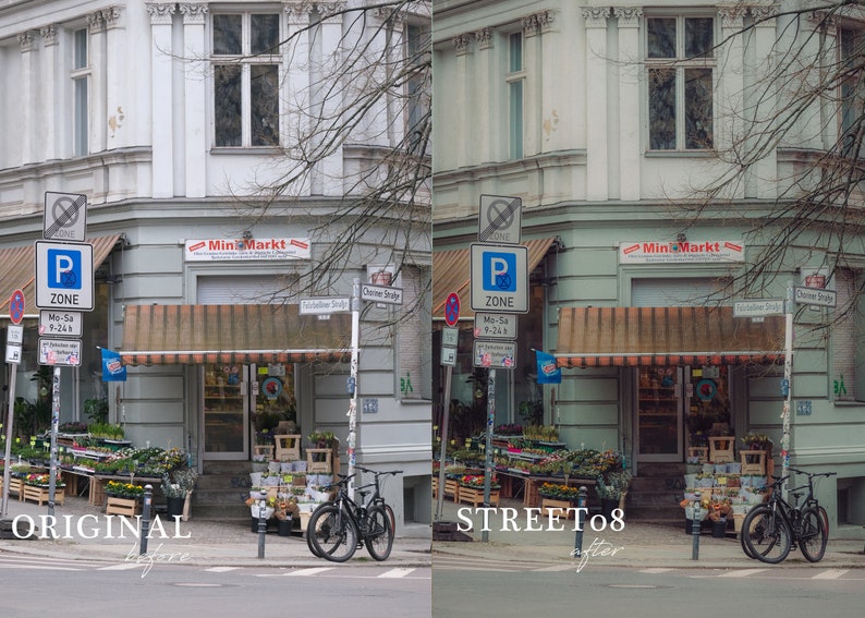 May include: A storefront with a green awning and a sign that reads "Mini Markt". There are plants and flowers in front of the store, and a bicycle is parked on the sidewalk.