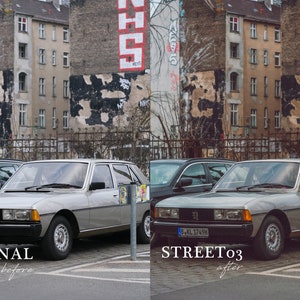 May include: A vintage silver car parked in front of a building with graffiti. The car has a license plate that reads "B-KL 3749H".