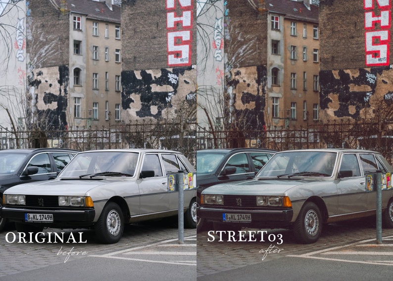 May include: A vintage silver car parked in front of a building with graffiti. The car has a license plate that reads "B-KL 3749H".