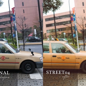 May include: A gold taxi cab with the words "TOTO TAXI" and "(大田)" on the side. The taxi is parked on a city street with a crosswalk in the foreground.