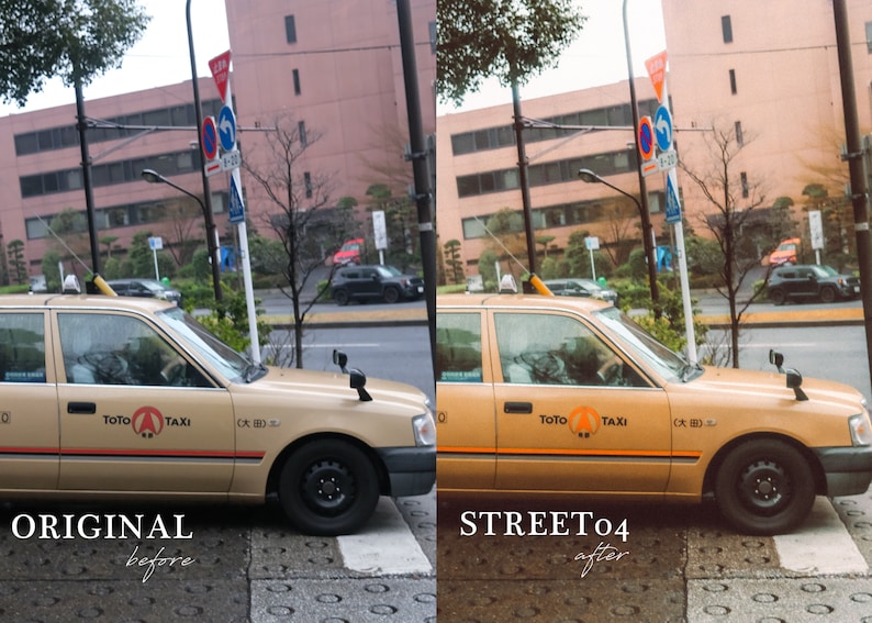 May include: A gold taxi cab with the words "TOTO TAXI" and "(大田)" on the side. The taxi is parked on a city street with a crosswalk in the foreground.