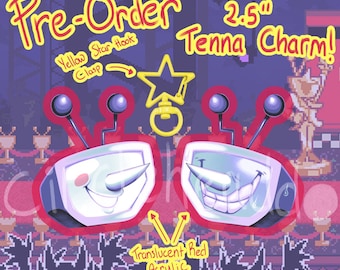 May include: Two 6.35 cm Tenna charms made of translucent red acrylic. Each charm features a television-shaped head with a long nose, antennae, and a smiling face. A yellow star-shaped hook clasp is included for attachment to accessories.