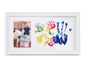 Customizable Baby Handprint Footprint Keepsake with Large Size Family Photo Frame Kit - Personalize w/Your Family Name! -Clean Touch Ink Pad