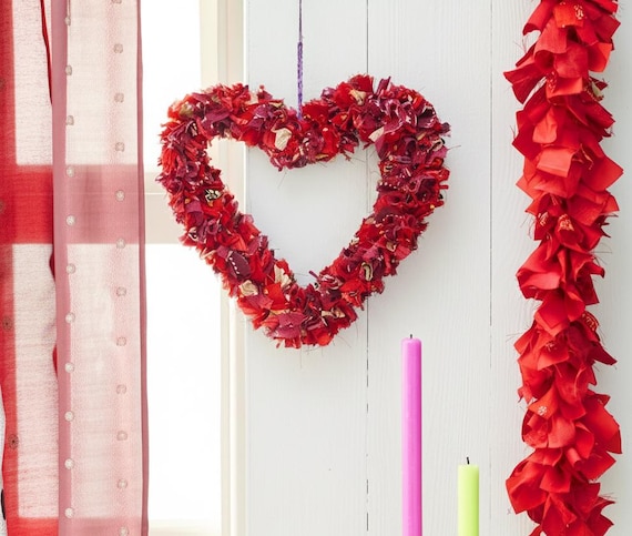 Recycled Sari Wreath Red Heart, Sari festive wreath, Multicolored Sari Wreath
