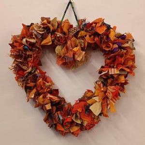 Recycled Sari Wreath Red Heart, Sari festive wreath, Multicolored Sari Wreath Orange