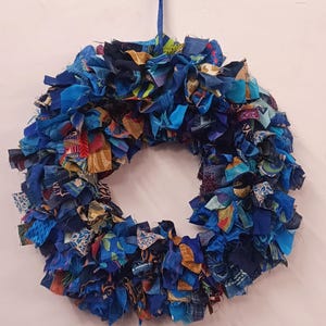 Recycled sari festive wreath, Multicolored Sari Wreath, Rainbow Sari Wreath Blue