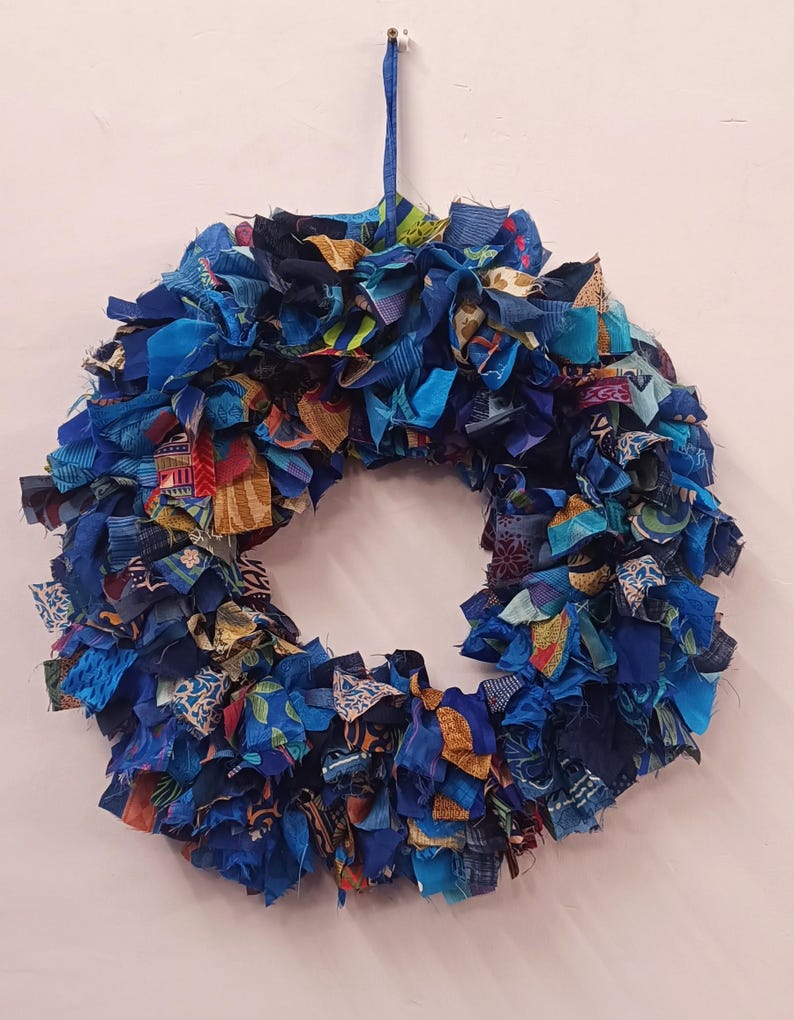 Recycled sari festive wreath, Multicolored Sari Wreath, Rainbow Sari Wreath Blue