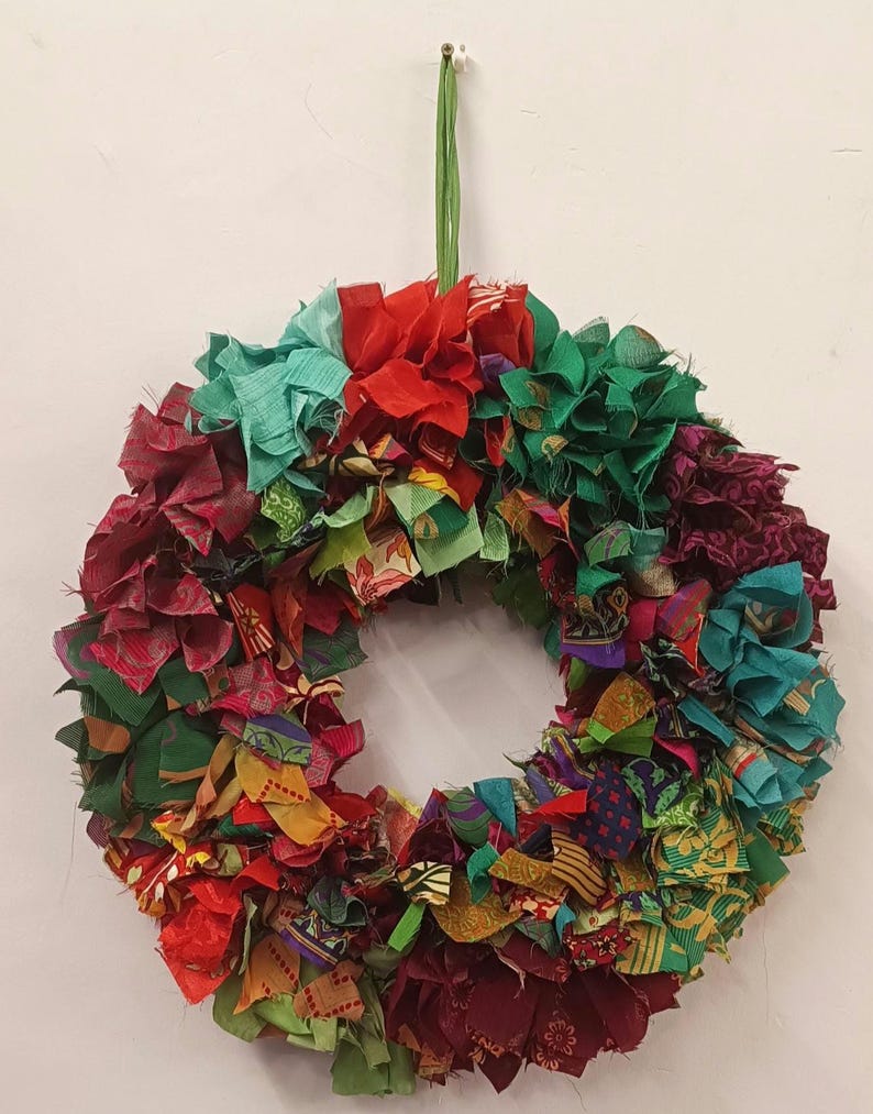 Recycled sari festive wreath, Multicolored Sari Wreath, Rainbow Sari Wreath SPECIALMULTI