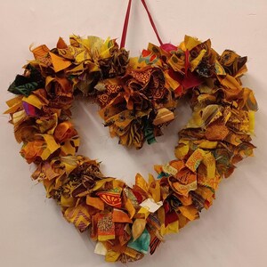 Recycled Sari Wreath Red Heart, Sari festive wreath, Multicolored Sari Wreath Yellow