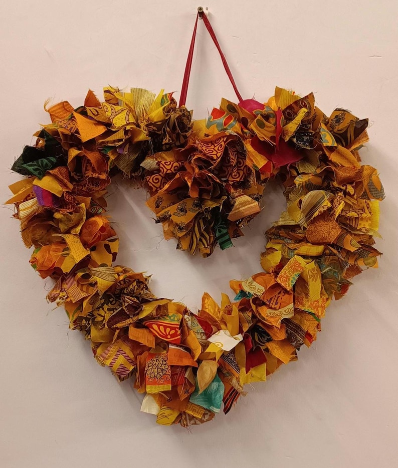 Recycled Sari Wreath Red Heart, Sari festive wreath, Multicolored Sari Wreath Yellow