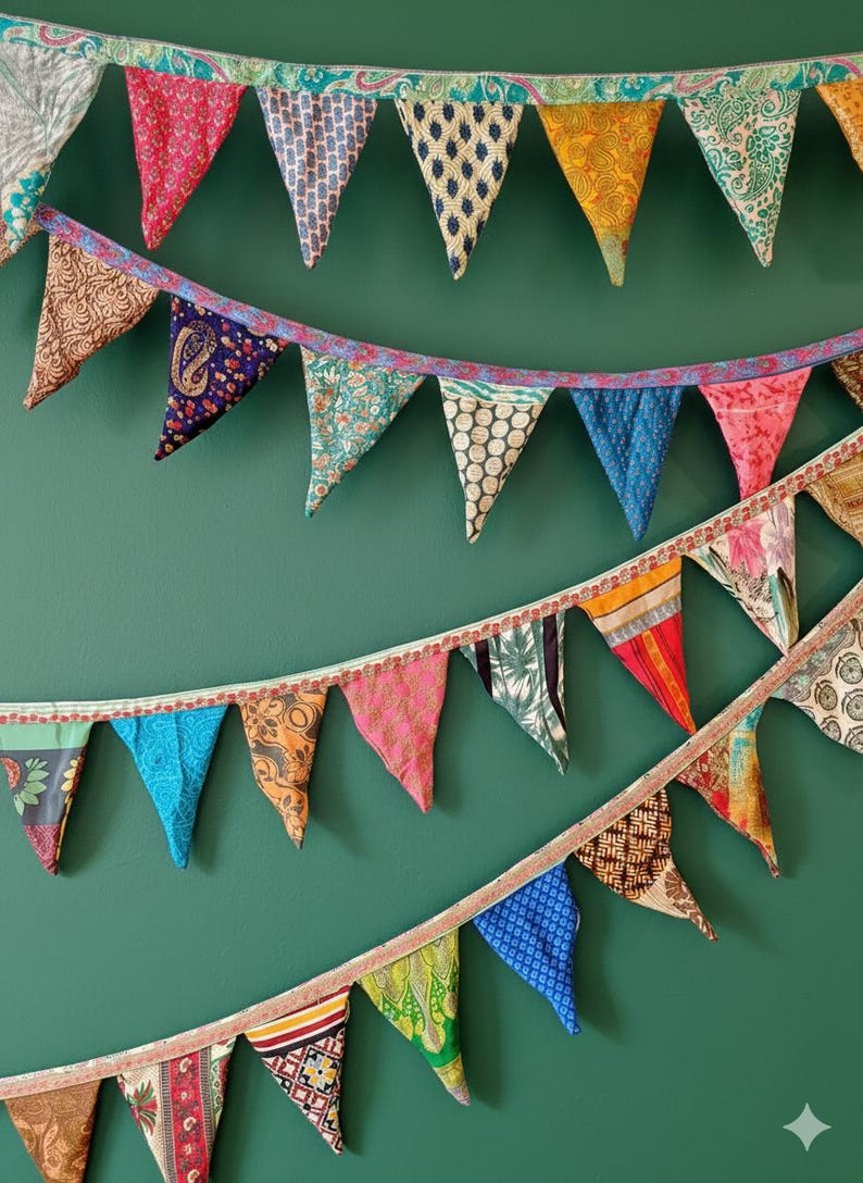 Recycled Sari Bunting - Colorful Flags - Handmade Garden Garland - Wedding Banner - Saree Garlands - Home Décor image 6
