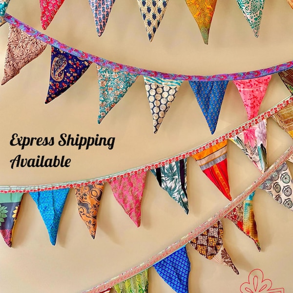 Recycled Sari Bunting - Colorful Flags - Handmade Garden Garland - Wedding Banner - Saree Garlands - Home Décor