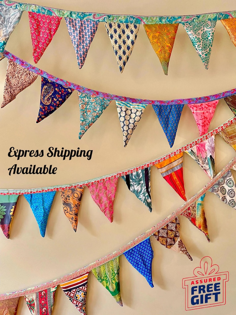Recycled Sari Bunting - Colorful Flags - Handmade Garden Garland - Wedding Banner - Saree Garlands - Home Décor image 1