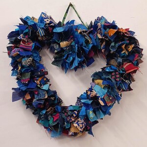 Recycled Sari Wreath Red Heart, Sari festive wreath, Multicolored Sari Wreath Blue