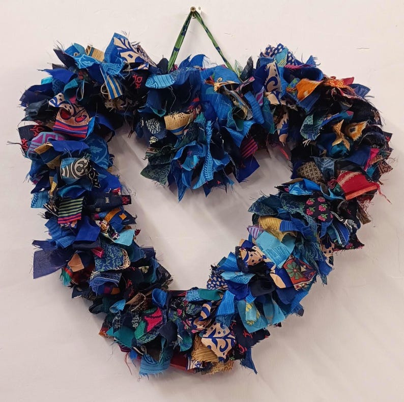 Recycled Sari Wreath Red Heart, Sari festive wreath, Multicolored Sari Wreath Blue