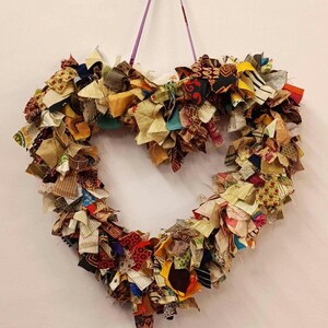 Recycled Sari Wreath Red Heart, Sari festive wreath, Multicolored Sari Wreath Beige