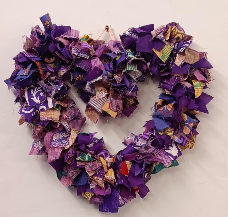 Recycled Sari Wreath Red Heart, Sari festive wreath, Multicolored Sari Wreath Purple
