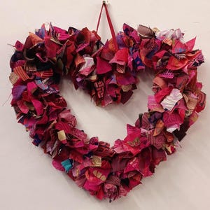 Recycled Sari Wreath Red Heart, Sari festive wreath, Multicolored Sari Wreath Pink