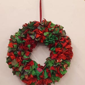 Recycled sari festive wreath, Multicolored Sari Wreath, Rainbow Sari Wreath RED & GREEN