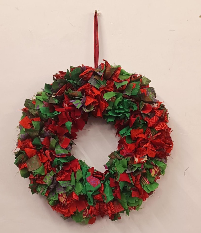 Recycled sari festive wreath, Multicolored Sari Wreath, Rainbow Sari Wreath RED & GREEN