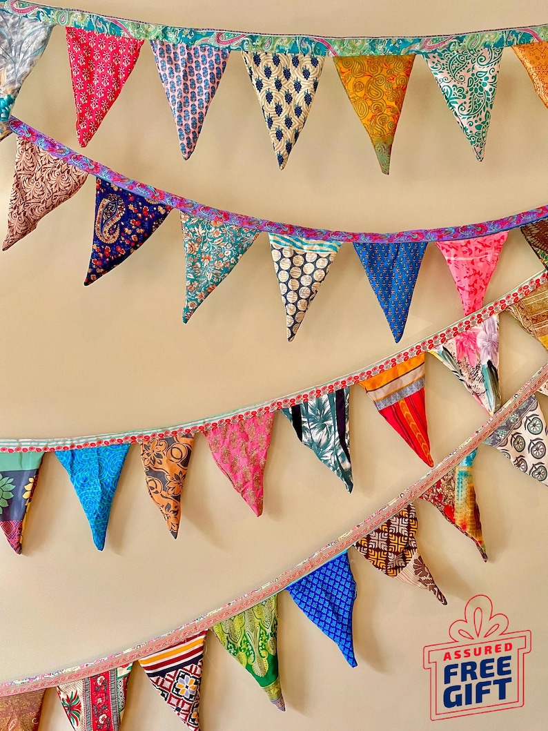 Recycled Sari Bunting - Colorful Flags - Handmade Garden Garland - Wedding Banner - Saree Garlands - Home Décor image 2