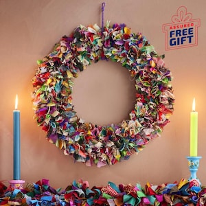 Recycled sari festive wreath, Multicolored Sari Wreath, Rainbow Sari Wreath
