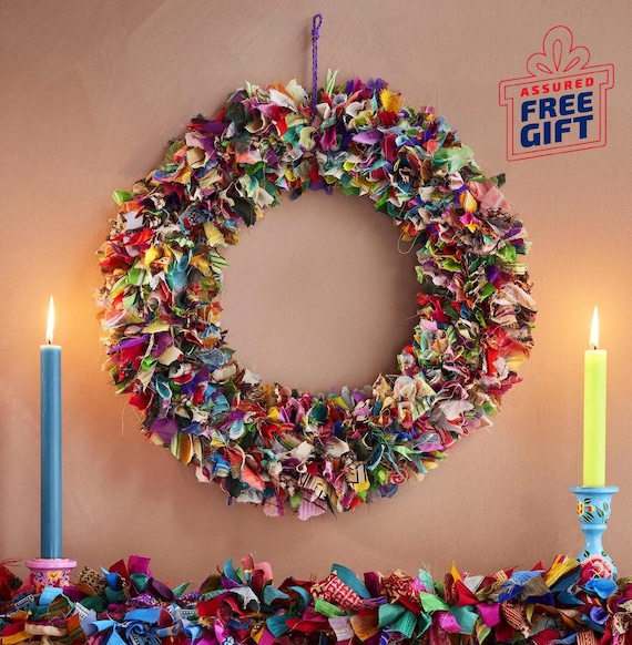 Recycled sari festive wreath, Multicolored Sari Wreath, Rainbow Sari Wreath