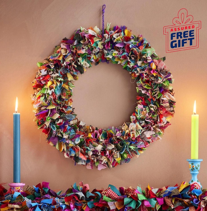 Recycled sari festive wreath, Multicolored Sari Wreath, Rainbow Sari Wreath Multicolor