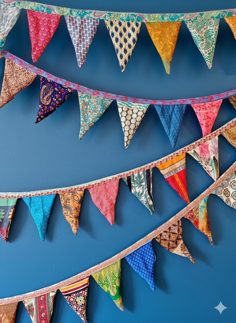 Recycled Sari Bunting - Colorful Flags - Handmade Garden Garland - Wedding Banner - Saree Garlands - Home Décor image 5