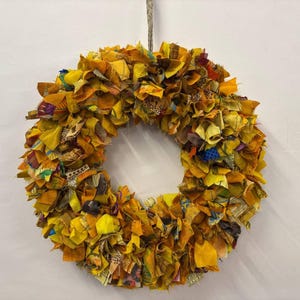 Recycled sari festive wreath, Multicolored Sari Wreath, Rainbow Sari Wreath Yellow