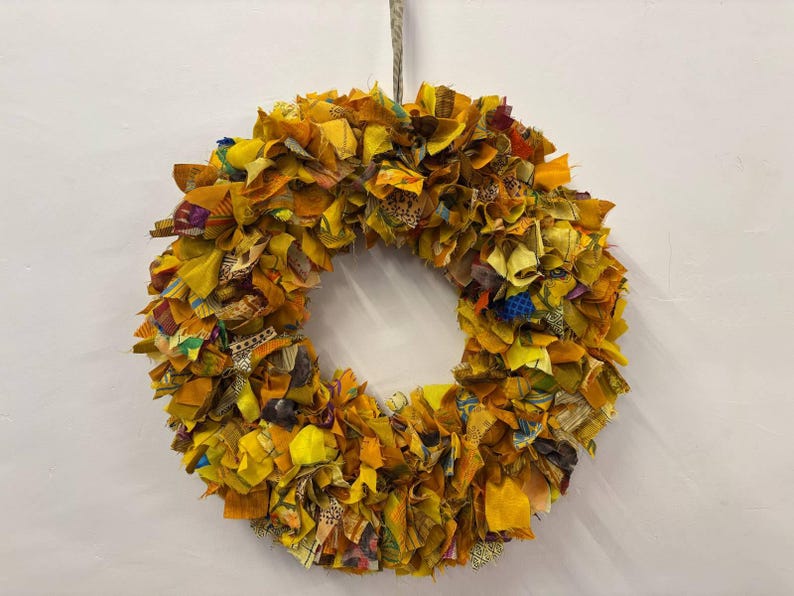 Recycled sari festive wreath, Multicolored Sari Wreath, Rainbow Sari Wreath Yellow