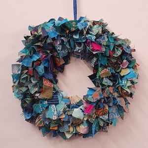 Recycled sari festive wreath, Multicolored Sari Wreath, Rainbow Sari Wreath Turquoise