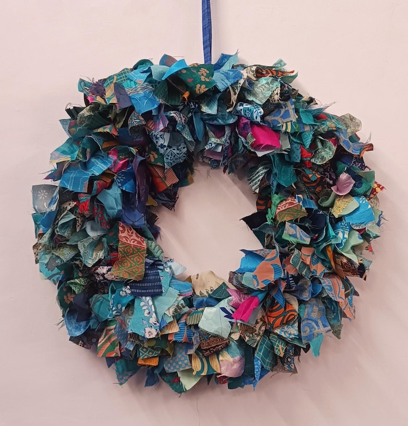 Recycled sari festive wreath, Multicolored Sari Wreath, Rainbow Sari Wreath Turquoise