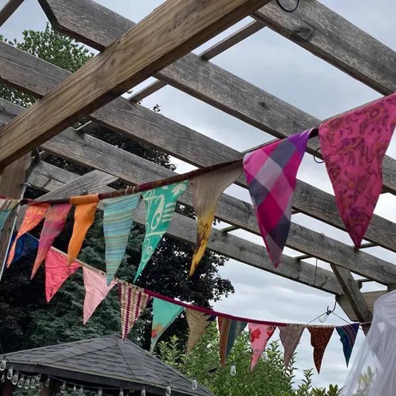 Recycled Sari Bunting - Colorful Flags - Handmade Garden Garland - Wedding Banner - Saree Garlands - Home Décor image 4
