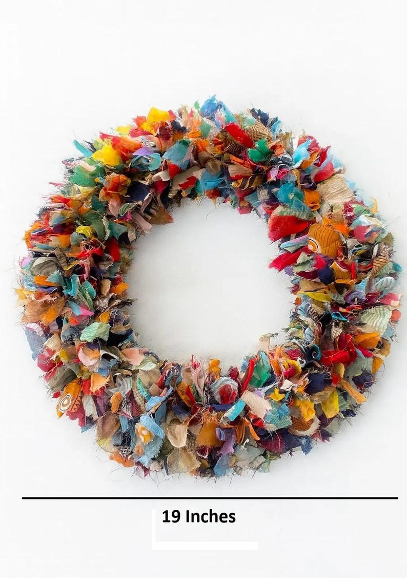 Recycled sari festive wreath, Multicolored Sari Wreath, Rainbow Sari Wreath image 2