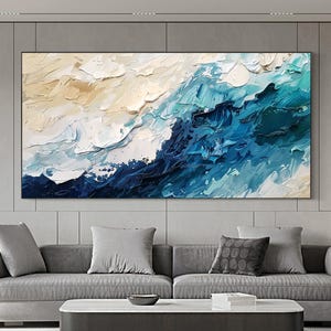 Hand-painted 3D Blue Beach Oil Painting, Impasto Textured Wall Decor, Minimalist Ocean Wave Canvas Art, Wabi-Sabi Wall Art Living Room Decor