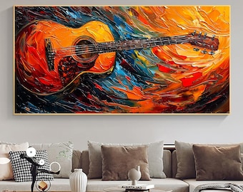 Original Gitarren-Ölgemälde auf Leinwand, Abstrakte E-Gitarre Leinwandkunst, Musikinstrument Kunst, große Wandkunst, Geschenke für Musikliebhaber